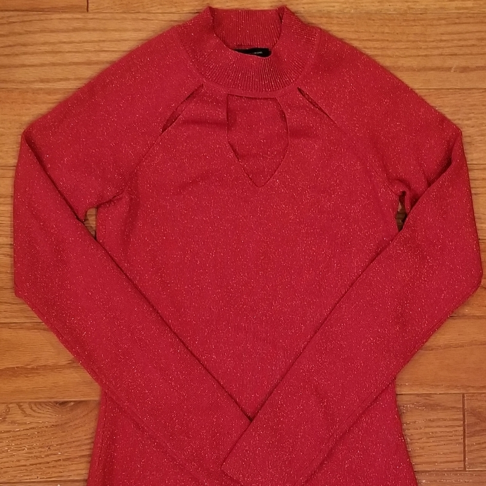 INC Petite Red Sparkle Detailed Long Sleeve Top
